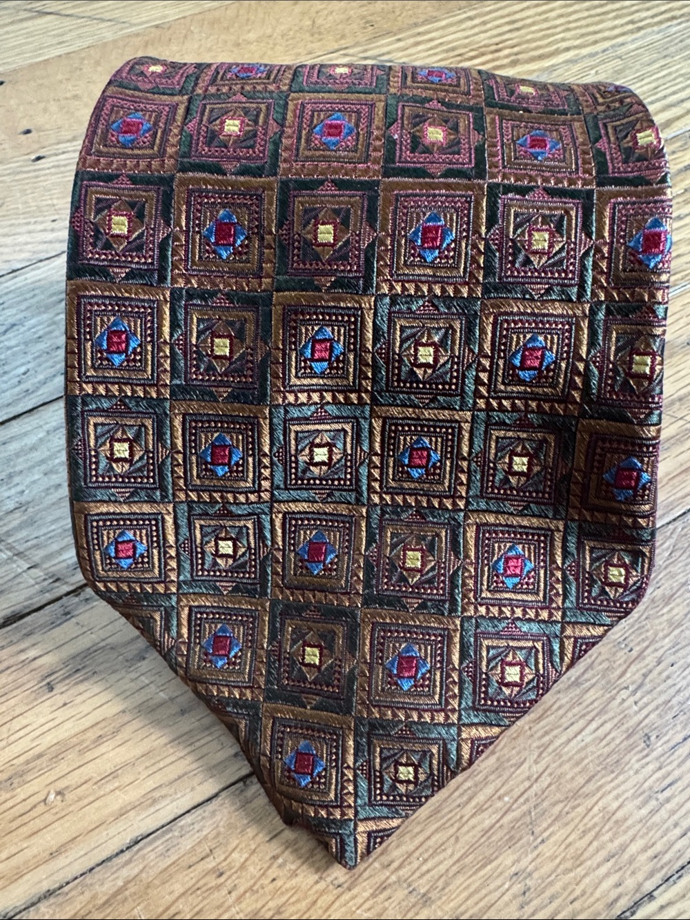 Robert Talbott Brown Tie with Blue and Gold Geometric Squares